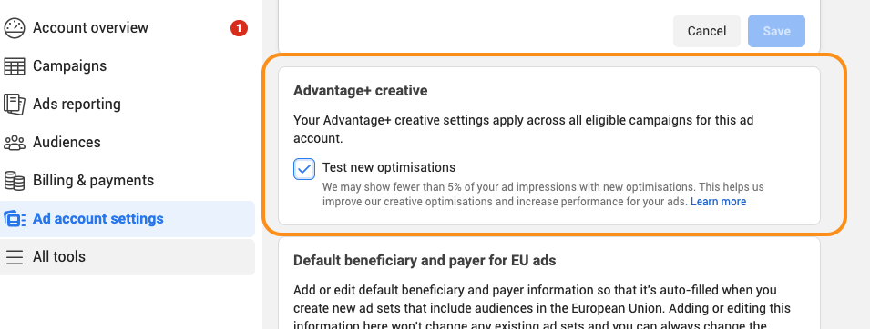 Meta Ads Advantage+ Creative Settings